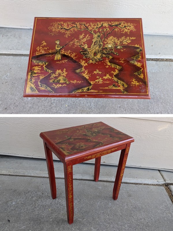Vintage Asian Chinoiserie Hand Painted Red Lacquered Wood Table Gold Accent R24