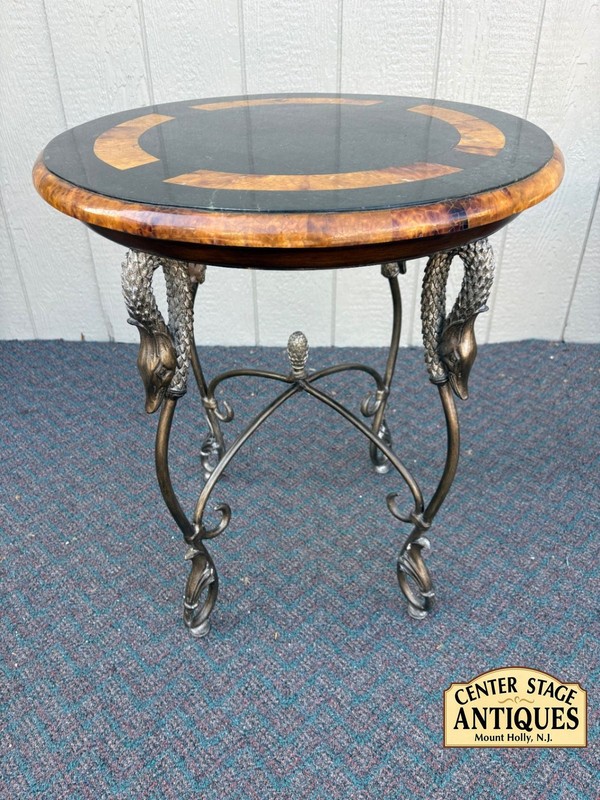 57566 Maitland Smith Round Table with Swan Motif and Stone Top