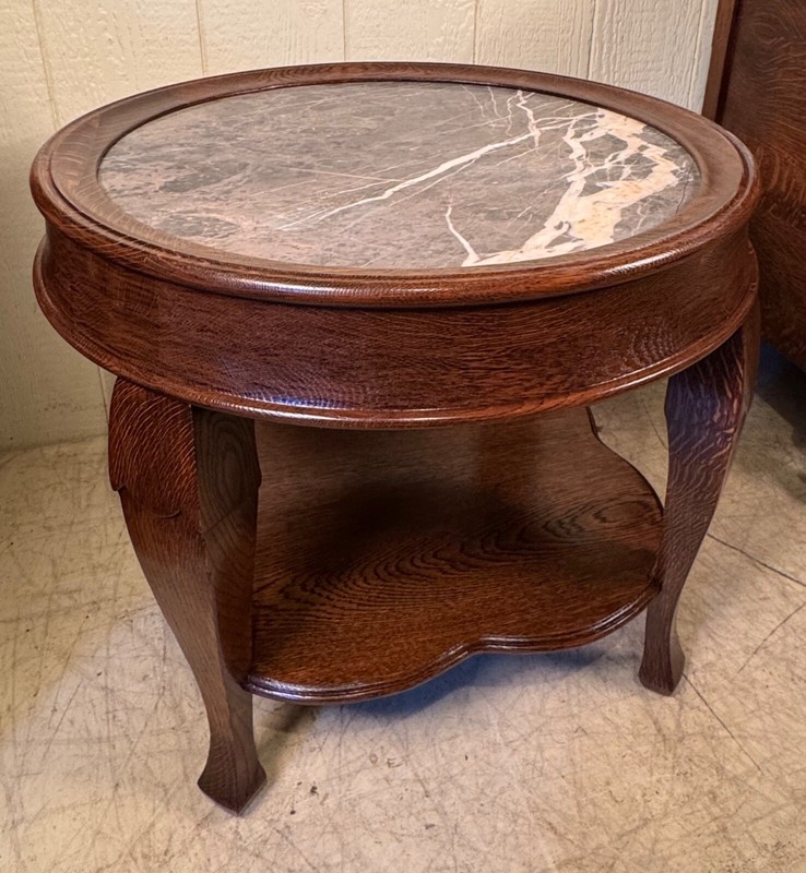 Antique Oak Low Round Lamp Table with Marble Insert
