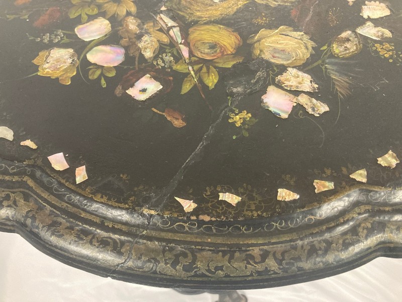 Antique Victorian Papier-Mâché Pedestal Table | Mother of Pearl Inlay |25'' H gallery