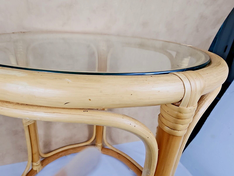 Vintage Rattan Bamboo Round Side End Table Glass Top MCM Tiki Boho Drum gallery