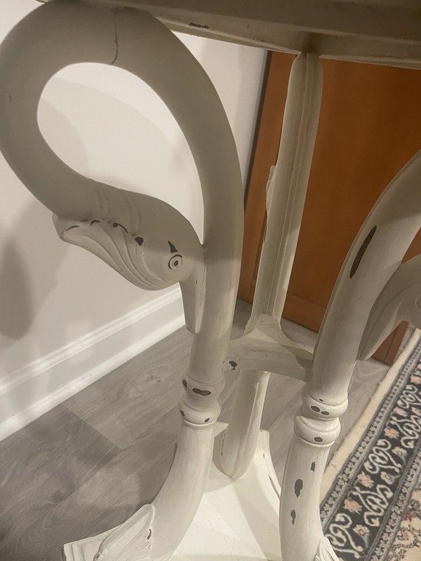 Vintage Table White Paint Over Dark Wood Carved Swan Table 20” Top 27” Floor Top gallery