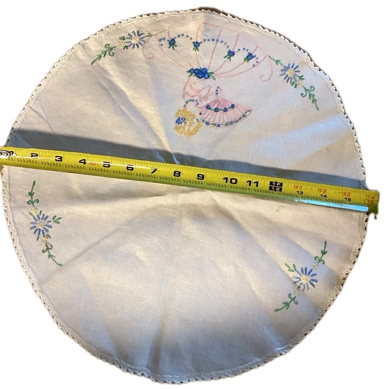 15” Vintage Small Round Emboidered Table Cloth With Lady And Flower (Handmade) gallery