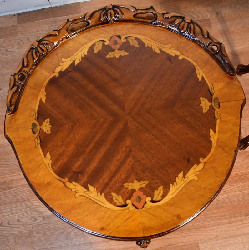 1910s Antique French Louis XV Walnut & Satinwood inlay PAIR of Side / end tables gallery