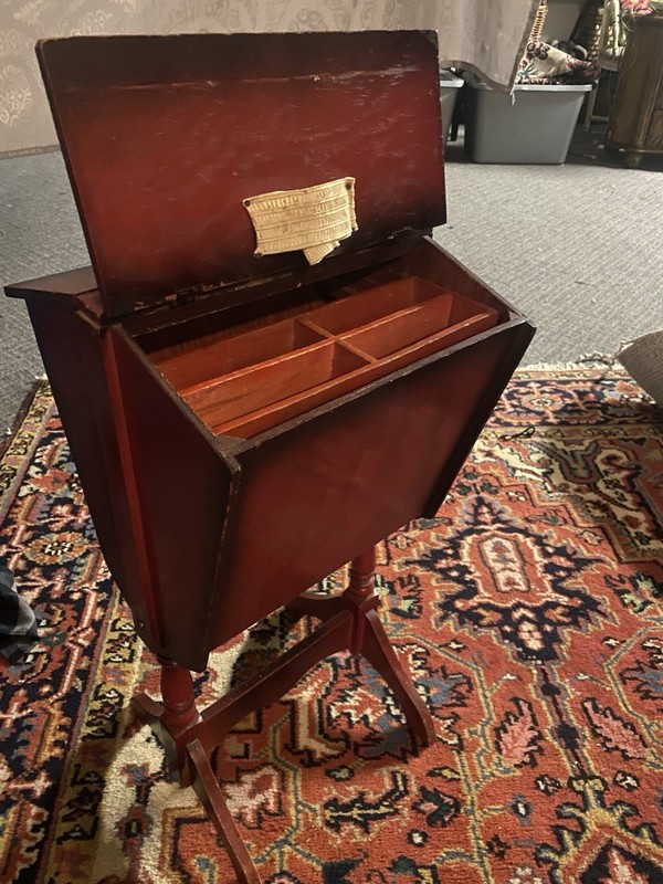Red Japanned Wooden Sewing Cabinet on Stand Divided Interior Tray Flip-Top Lids