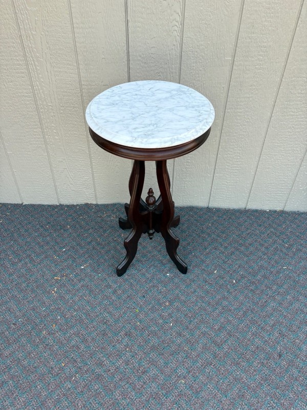 67777 Victorian Marble-Top Pedestal Table with Ornate Wooden Base gallery