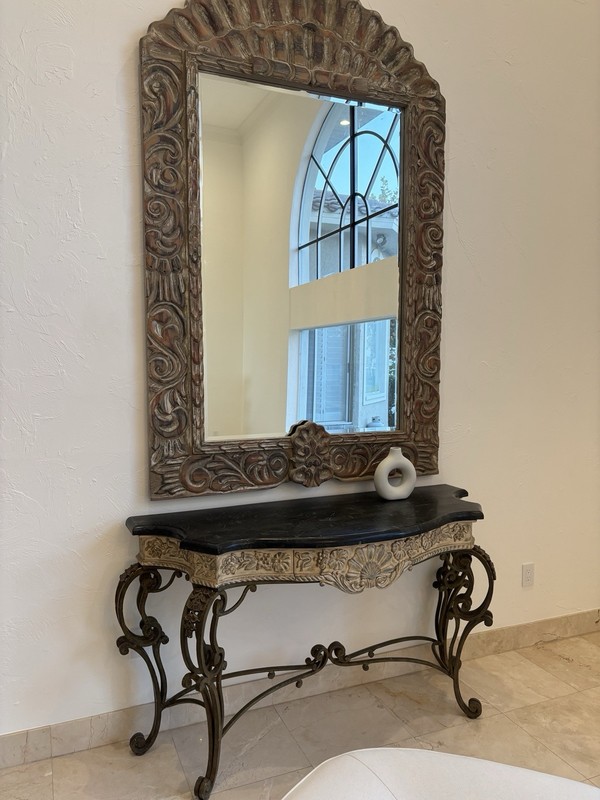  Chinese console table with marble top gold inset wrought iron legs