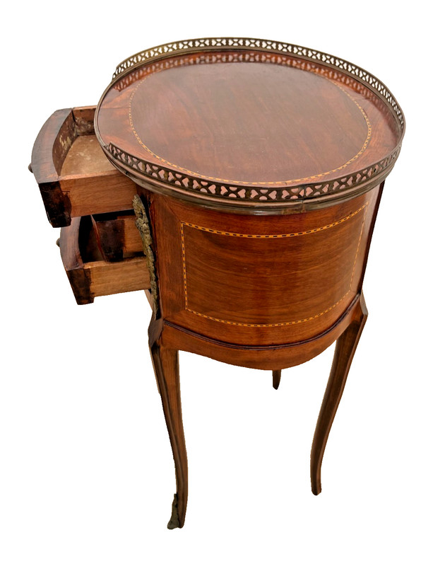 Oval accent Table Nightstand Three Drawers, Inlays, Brass Accents French style gallery