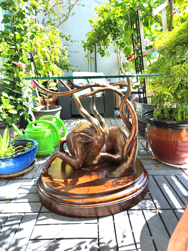 BRONZED GAZELLE TABLE ON WOOD BASE