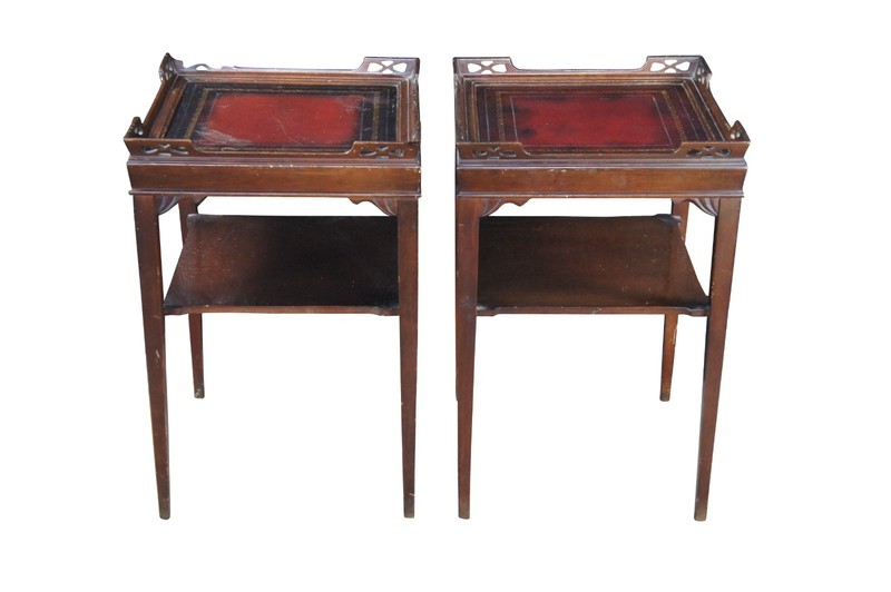 2 Superior Table Mid Century Mahogany Tiered Tooled Leather Side Tables Stands