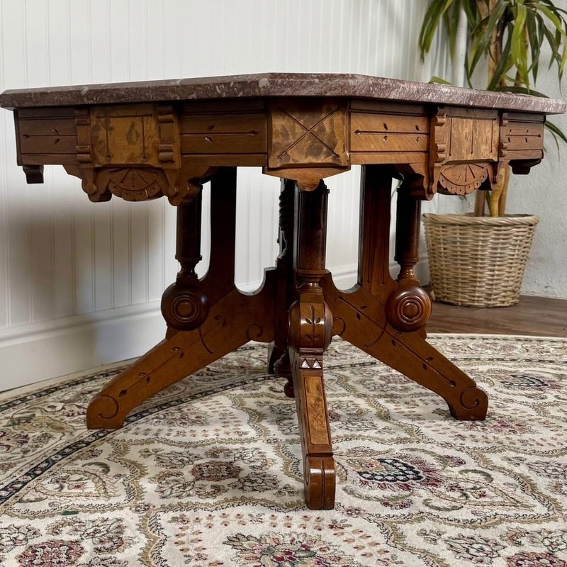 Antique Victorian Walnut & Burl Marble-Top Table – c.1880s gallery