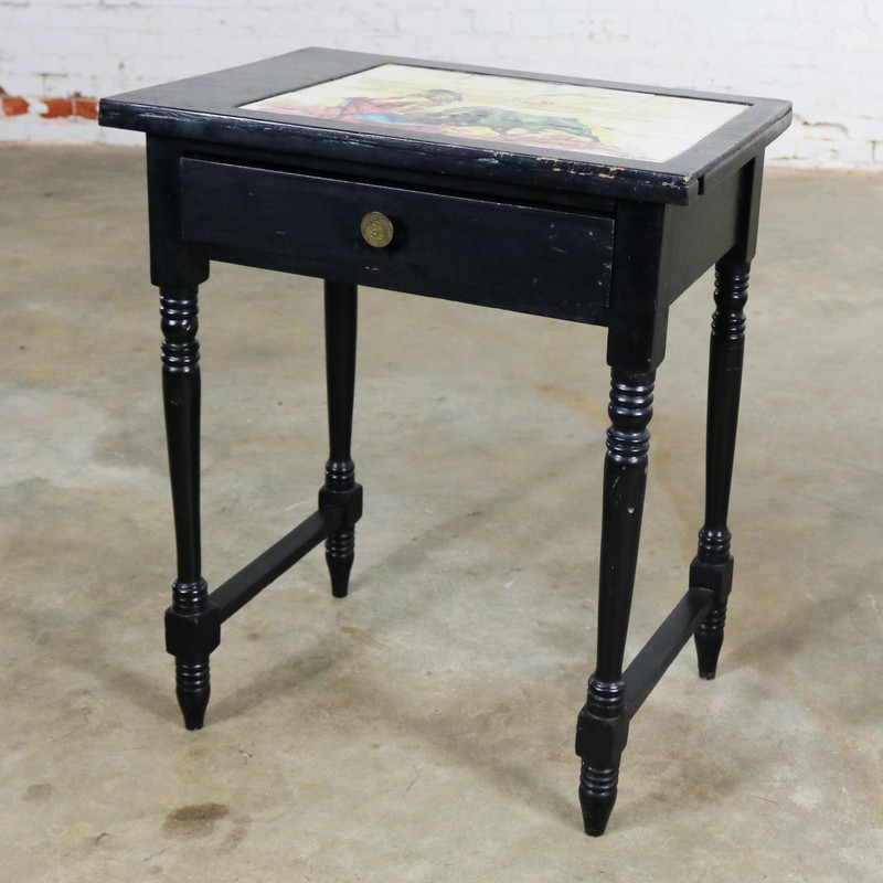 ON SALE!!! Black Turned Leg Drawered End Table with Matador and Bull Tile Insert
