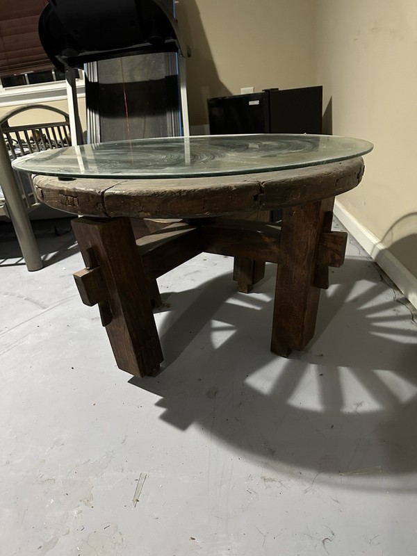 Antique Wagon Wheel Table. Early American Style. Solid Oak. Circa 1900. gallery