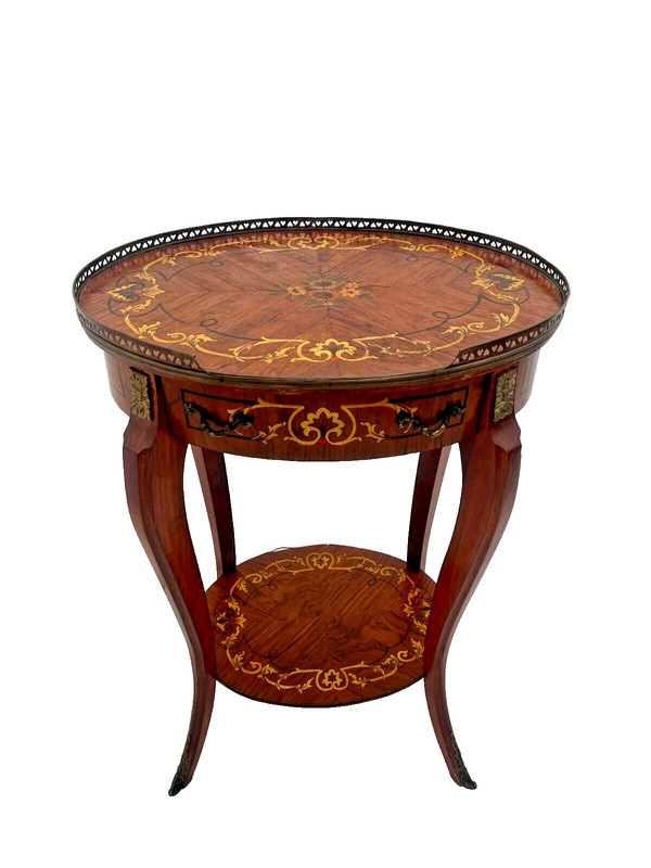 French Oval Table Entry Stand Shelf Drawer Geometric Inlays Hand painted Floral gallery