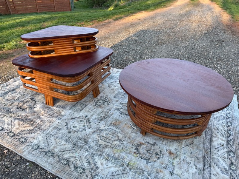 MCM Paul Frankl Style Rattan and Mahogany Tables
