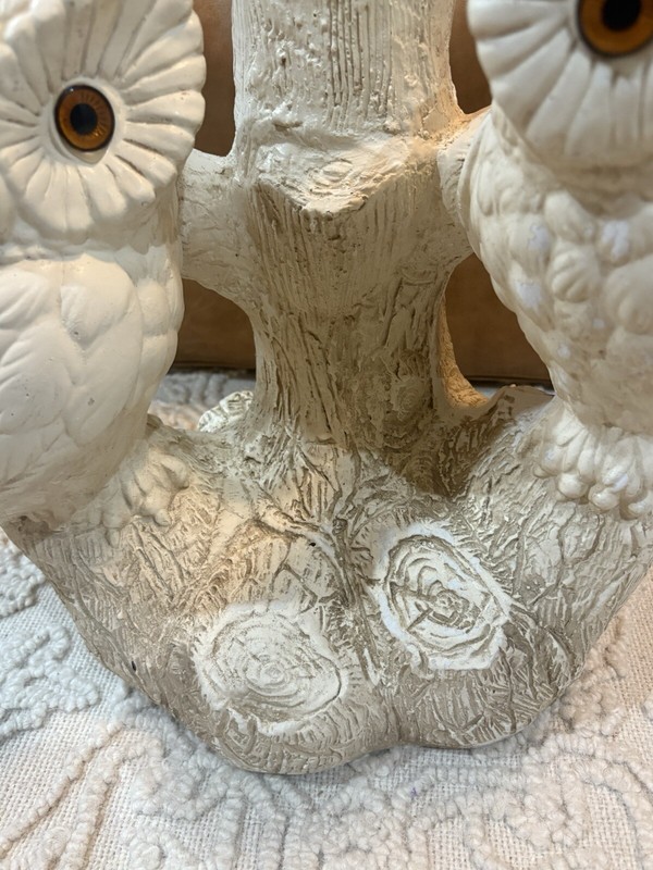 Vintage Mid Century 1970's Chalkware 2 Owls on Tree Branch Side End Table Base gallery
