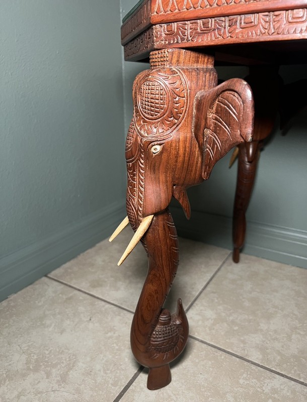 Mid 20th Century Anglo-Indian Carved Elephant Hardwood Octagon Table with Glass gallery