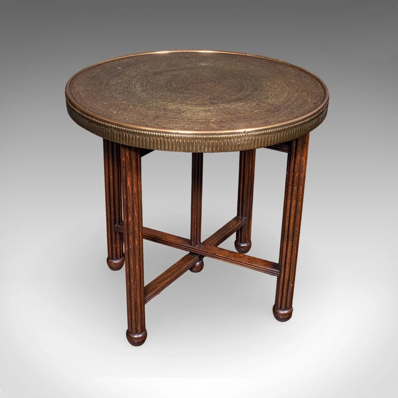 Vintage Campaign Table, Middle Eastern, Beech, Brass, Berber, Folding, Art Deco
