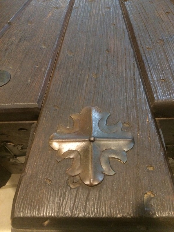Spanish Revival Octagon Mahogany Wood Plank Table with Metal Brutalist Rosettes gallery