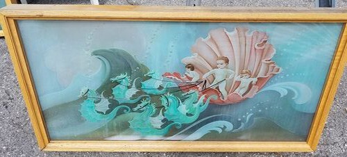 Large Vintage Heavy Reverse Painting Glass Window Cherubs Sea Horses Clam Shell