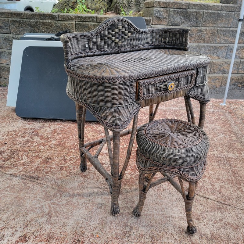 Vintage WICKER Desk Table Vanity w/ Drawer, Ceramic Knob & Stool gallery