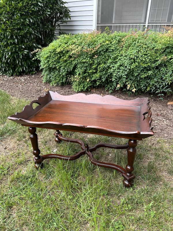 Antique Mahogany Tray Top Coffee Table with Carved Legs – 39.5” x 26”