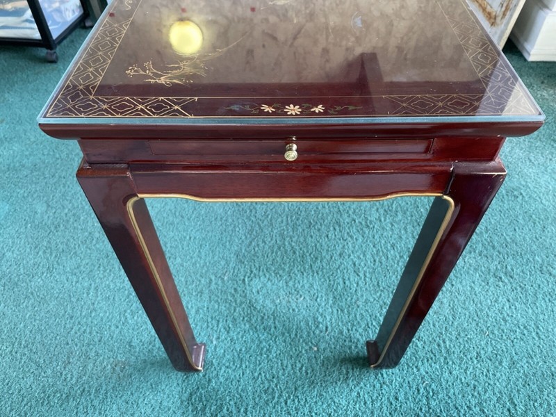 Hand-Painted Chinoiserie Red Lacquered Side Table With Pull Out Trays gallery