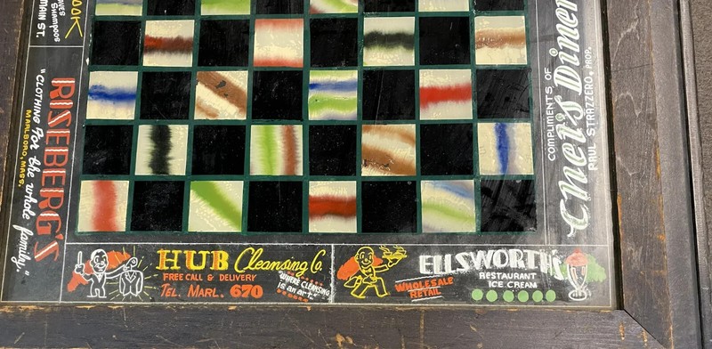 20th c Checkerboard Advertising Folding Table, Eglomise Glass Top, Marlboro MA gallery