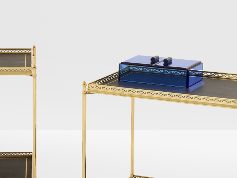 Maison Jansen pair of two-tier side tables brass black leather 1960s gallery