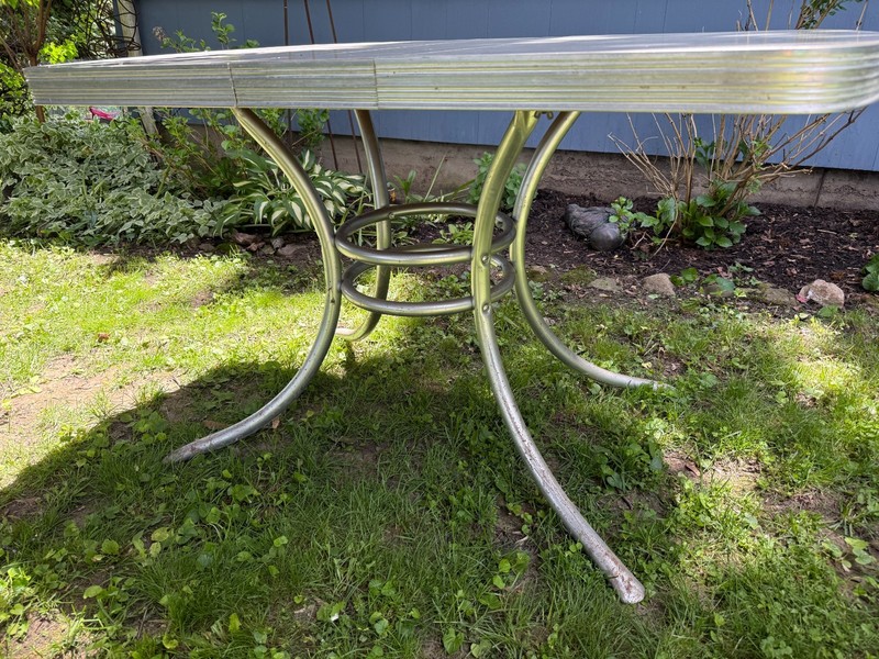 Mid century modern 1950s Formica kitchen dining table with chrome pedestal base gallery