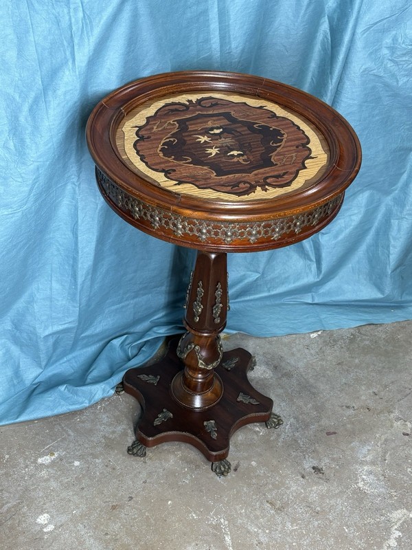 French Louis XVI Baroque Marquetry Side Table W/ Decorative Brass Accents