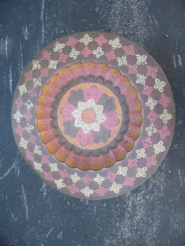 Antique Moorish or Indian Folding Round Copper & Wood Etched Tray Side Table gallery