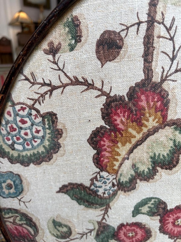 A Early 20th Century Tilt Top Table /Fire Screen Jacobean Style Fabric Glass top gallery