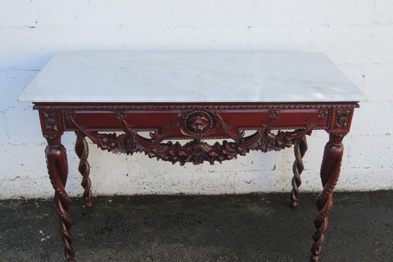 Heavy Carved Lion Head Mahogany Marble Top Console Entry Table 5606