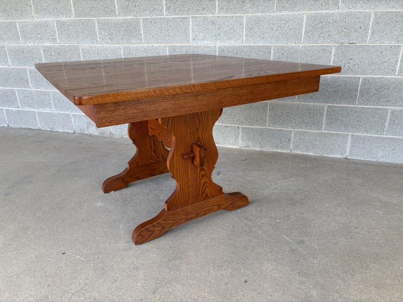 TOM SEELY SOLID OAK TRESTLE STYLE TWIN LEAF EXTENSION DINING TABLE gallery