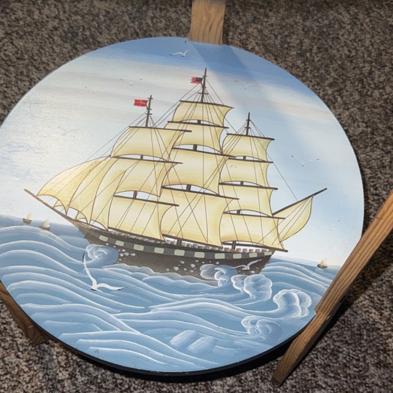 Hand Painted Lighthouse Antique Round Wood Accent Table, 16x16x29 in, Multicolor gallery
