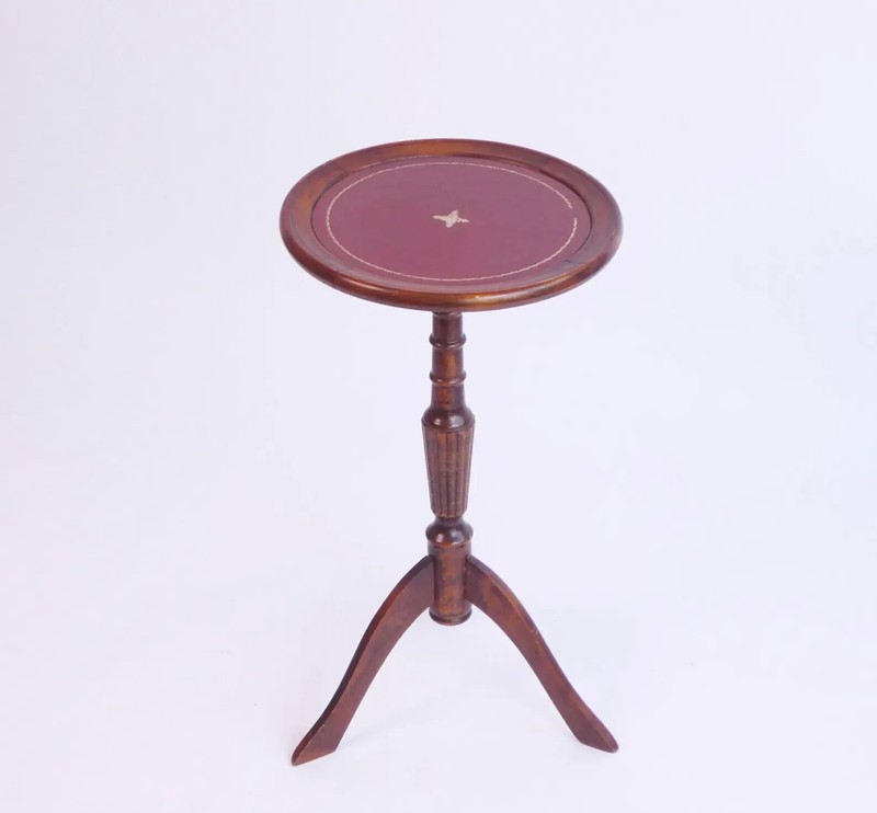 Victorian Style Small Wooden Wine Table with Red Leather, Vintage Side Table