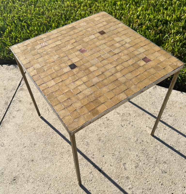 VTG 1950-60’S MINI TILE TOP TABLE FRAMED AND METAL LEGS 16T X 15, MID CENTURY