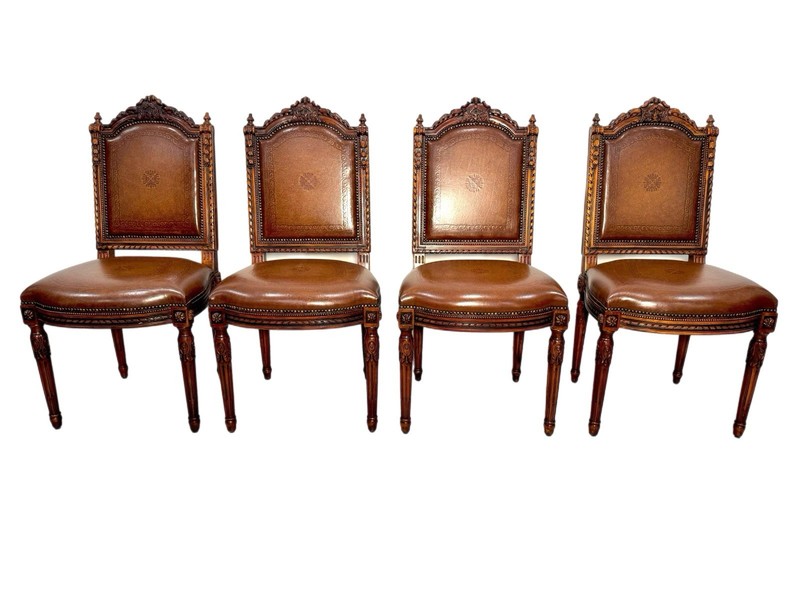 (4) Theodore Alexander Carved Walnut & Brown Leather Dining Chairs