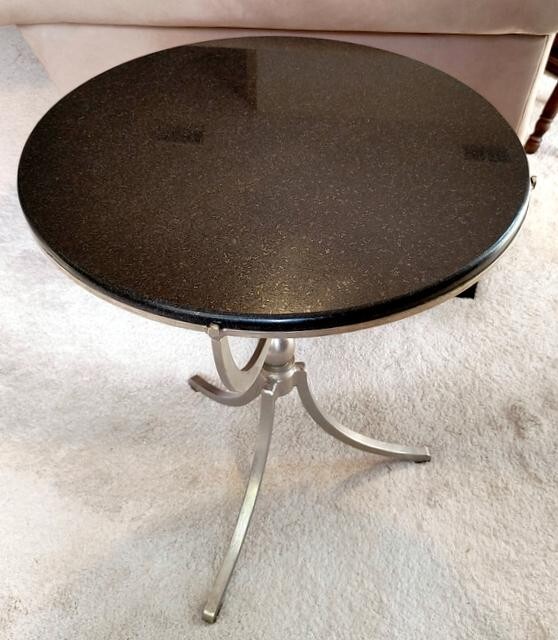 ART-DECO STYLE NICKEL ROUND ACCENT TABLE WITH POLISHED MARBLE TOP gallery