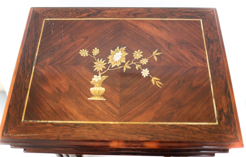 3pc Set French c1900 Mother of Pearl inlay hand painted Stacking Nesting Tables gallery