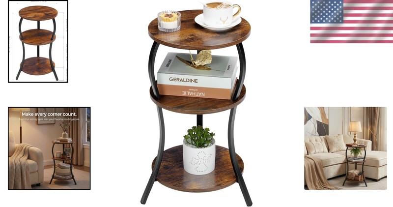 Vintage Small Round Side Table, 3-Tier Storage for Elegant Spaces - Rustic Brown gallery