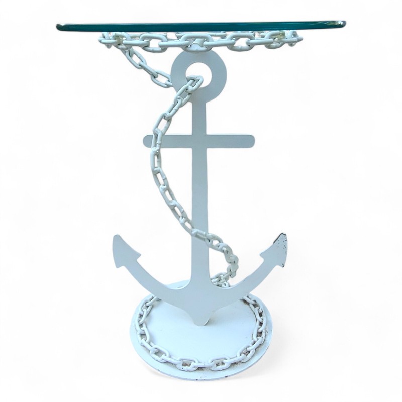 Vintage Wrought Iron Anchor & Chain Side Table Glass Top Lake House Yacht White gallery