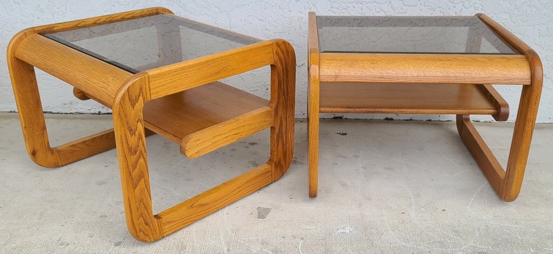 (2) 1970’s Mid Century Modern Hodges Mersman Oak Smoked Glass End Tables