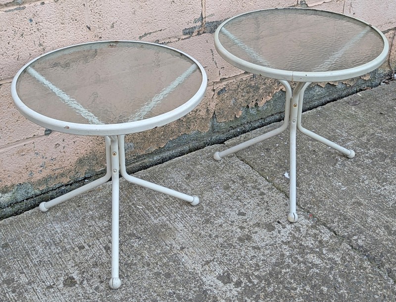 Pair Vintage Old Painted Metal Patio Table Round Circle with Textured Glass Top