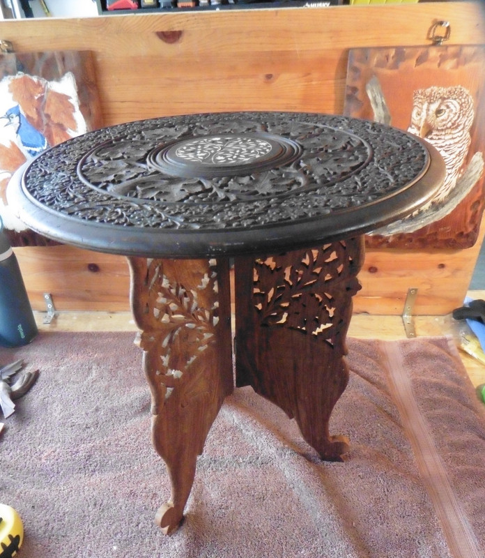 Antique Indian Hand-Carved Wood Inlaid Round Folding Side Table 18″ Round & Tall