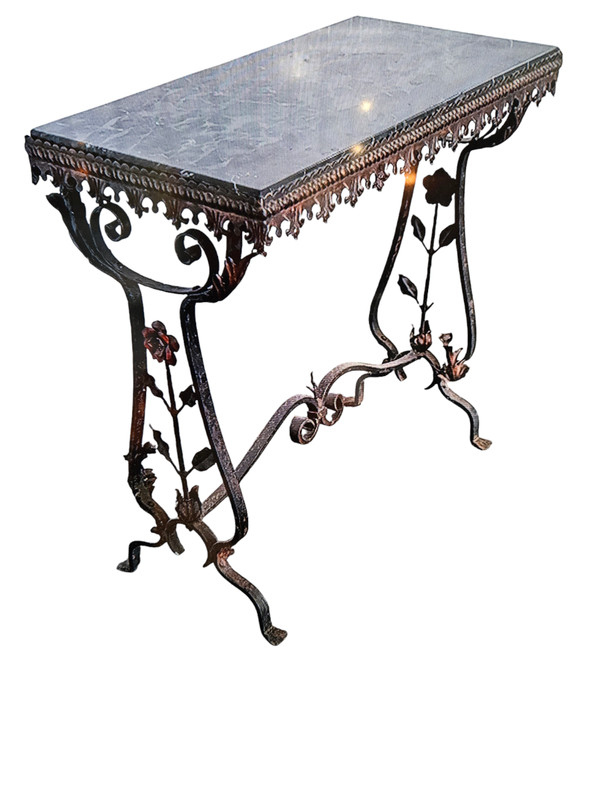 1920’s Wrought Iron And Marble Top Table w Flowers