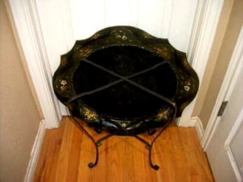 Victorian English HP Tole Tray Table Gilt Floral Green Black Huge Folding Legs gallery