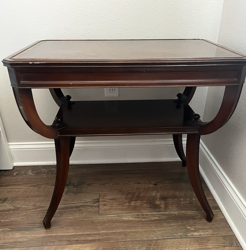 Vintage Mid Century Mahogany Side Table Leather Top Inlay Pull Out Tray Original gallery