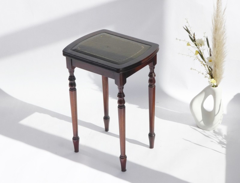 Victorian Style Small Wooden Wine Table with Green Leather, Vintage Side Table